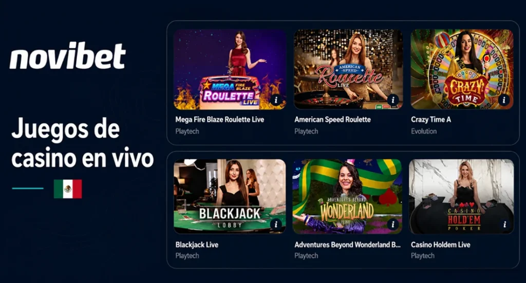 Juegos de casino en vivo de Novibet con ruleta, blackjack y game shows