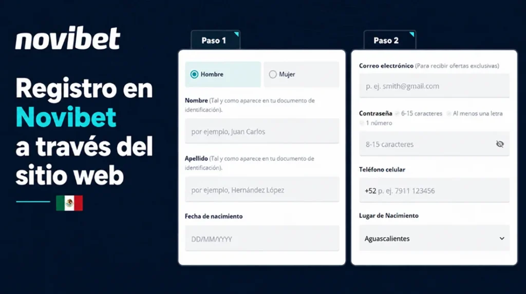 Campos del formulario de registro de Novibet en el sitio web