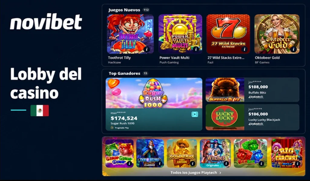 Lobby del casino Novibet con juegos nuevos, ganadores y títulos de Playtech