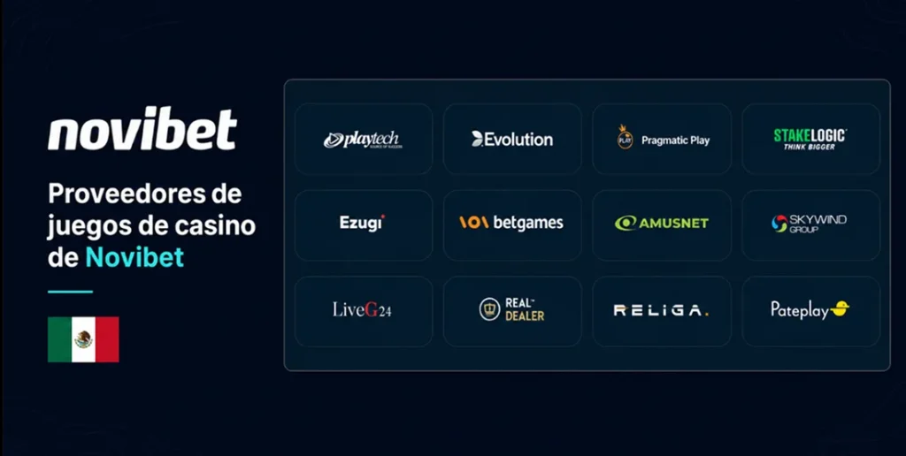 Proveedores de juegos del casino Novibet, como Playtech, Evolution y Pragmatic Play